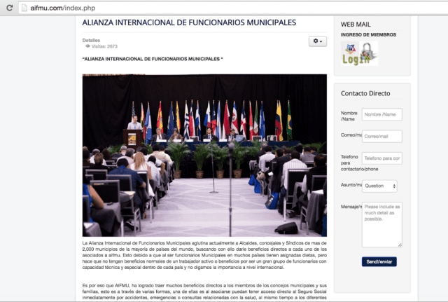 Alianza Internacional de Funcionarios Municipales (AIFMU) se presenta en su portal como una organización internacional.