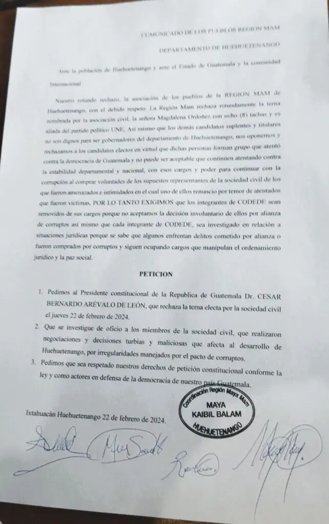 Pueblos de la Región Mam rechazan elección en un comunicado.