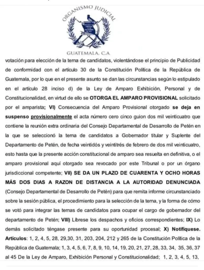 Un amparo dejó en suspenso la elección de gobernador en Petén