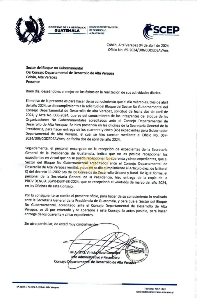 El Jefe Administrativo y Financiero del codede de Alta Verapaz anuncia que el listado no fue recibido