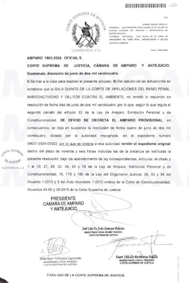 Copia de la resolución de la Corte Suprema de Justicia, donde se establece amparar de manera provisional al alcalde Juan Fernando López.