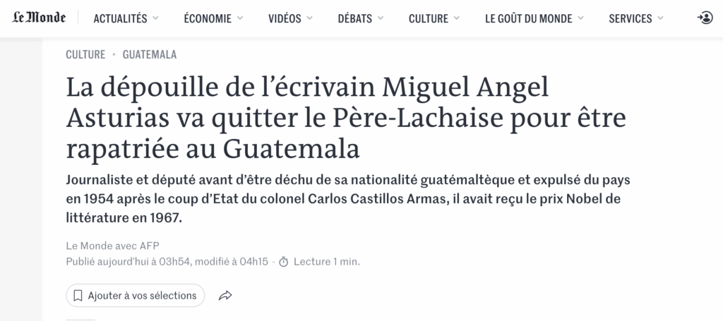 Diario francés Le Monde: Los restos del escritor Miguel Ángel Asturias saldrán del Père-Lachaise para ser repatriados a Guatemala