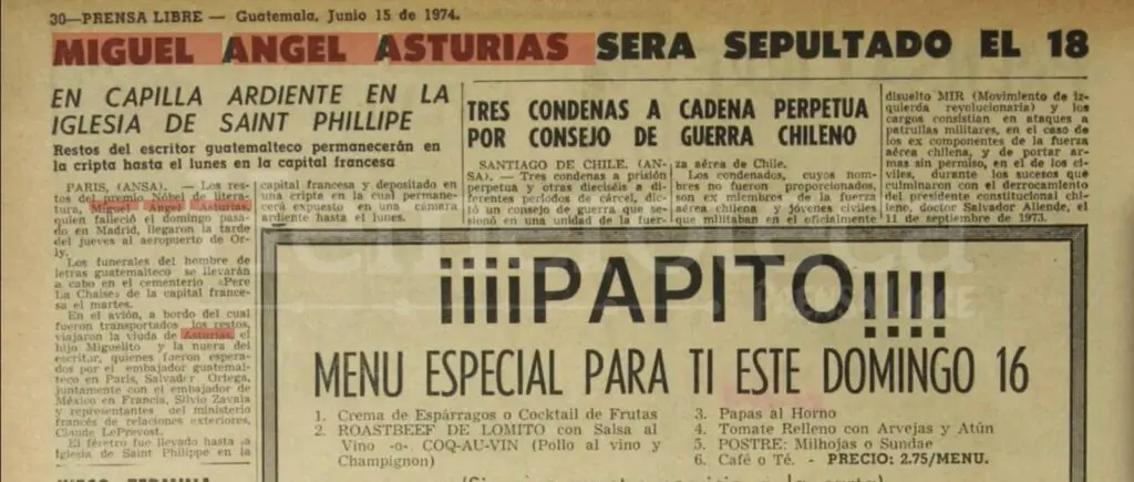 Noticia de Prensa Libre el 15 de junio de 1974, donde anunciaba el entierro de Asturias para el 18.