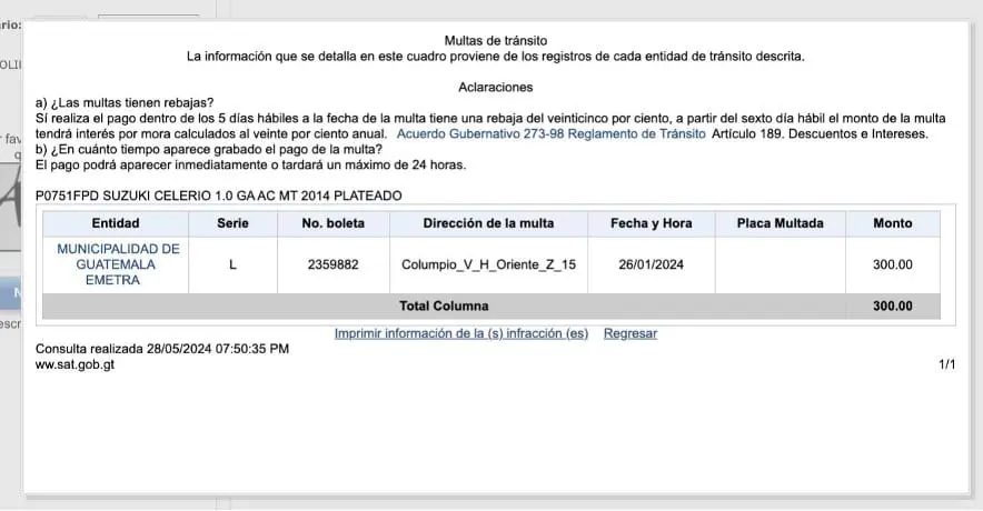 El sistema te muestra de esta manera las multas por cámara.