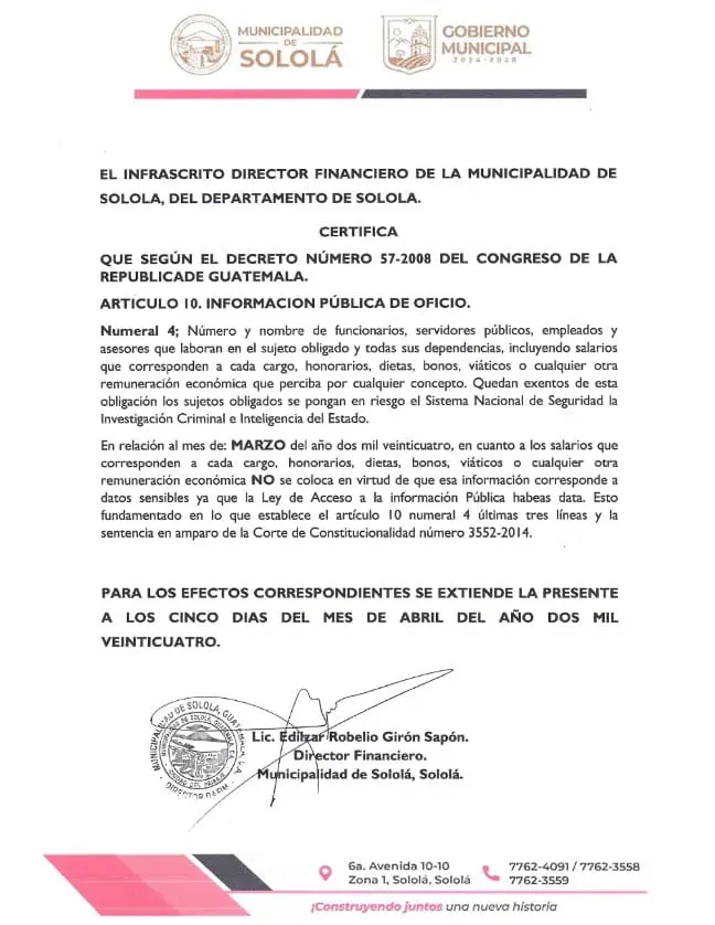 Certificado subido al portal web en el numeral 4, del artículo 10 de la LAIP. Imagen: Municipalidad de Sololá.