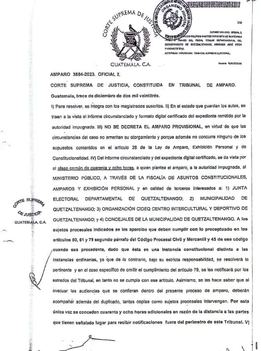 Con fecha 13 de diciembre 2023, la Corte Suprema de Justicia negó el amparo solicitado por el fiscal departamental del partido Humanista de Juan Fernando López, que pretendía evitar que los concejales de SBX tomara posesión del cargo el 15 de enero de 2024.