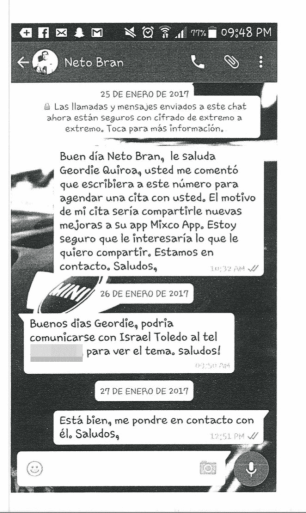 Última conversación entre Neto Bran y Geordie Quiroa. Foto: Evidencia adjunta en la denuncia.