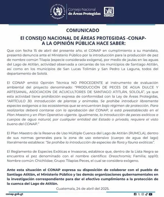 El Consejo Nacional de Áreas Protegidas (CONAP) se pronunció este viernes 25 de abril, cita su artículo 30 para justifica su opinión técnica respecto a las jaulas, "no procedente".