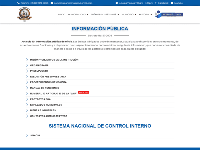 Sección de información pública de oficio en la página web de la municipalidad.