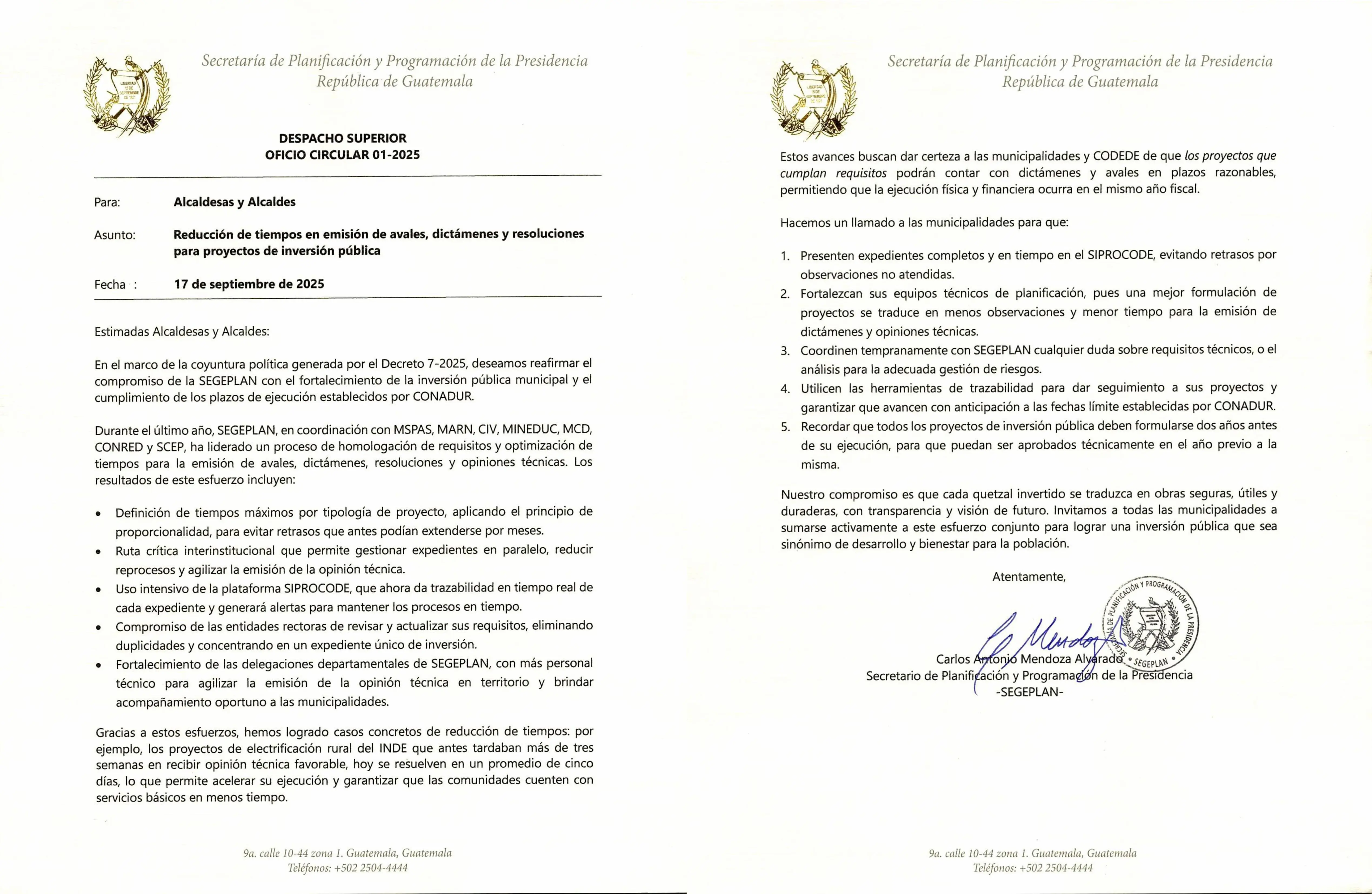 Segeplan solicitó a las municipalidades fortalecer sus capacidades técnicas para agilizar la emisión de opinión técnica. Esta es la carta que les envió a los alcaldes.