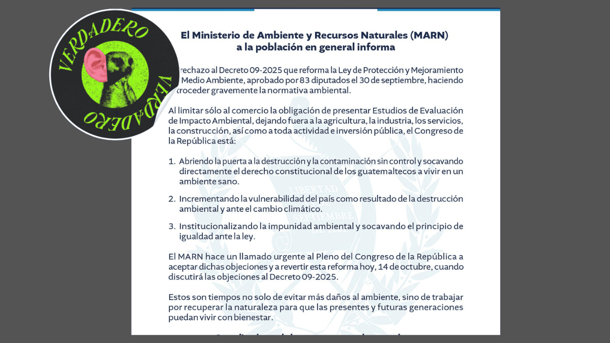 El Ministerio de Ambiente y Recursos Naturales (MARN) hizo un llamado al Congreso de la República para revertir la reforma. Imagen: MARN.