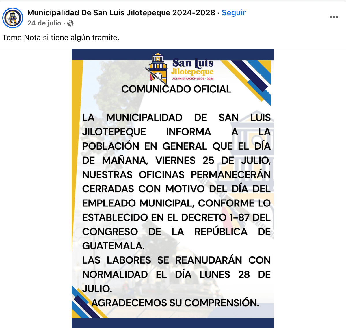El día de la celebración cerró la municipalidad de San Luis Jilotepeque. Imagen tomada de la fanpage de la alcaldía.
