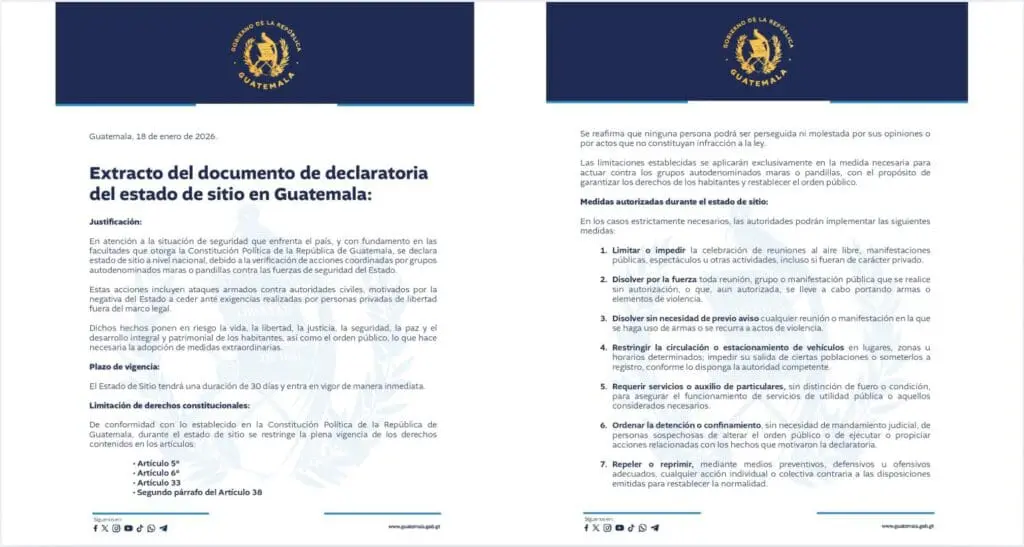 El decreto de estado de sitio, conforme a la ley, entró en vigencia desde que se firmó esta tarde en Consejo de Ministros. Se publicará el lunes 19 de enero de 2026 en el Diario de Centro América.