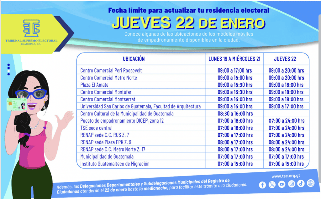 Información de los horarios y puntos para cambiar de residencia electoral. Imagen: TSE.
