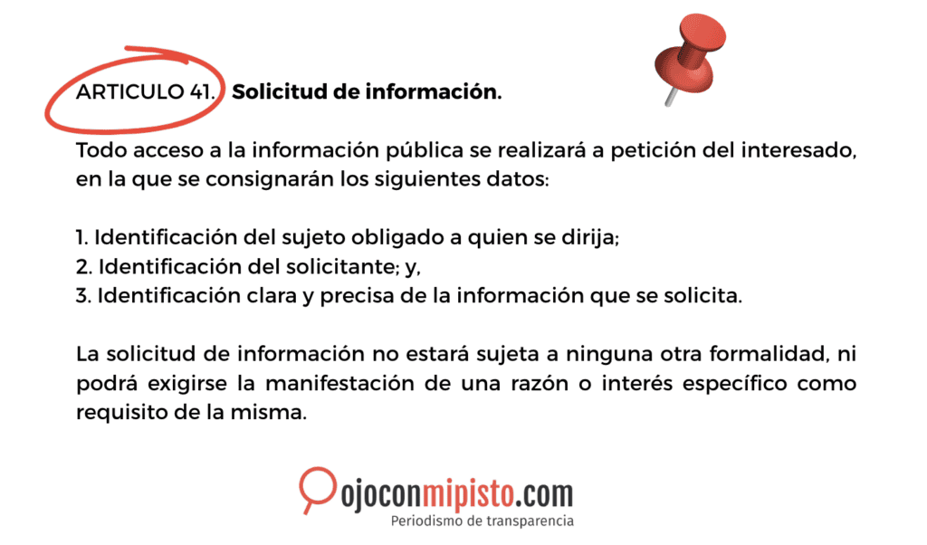 El artículo 41 de la Ley de Acceso a la Información Pública establece tres requisitos para presentar una solicitud. Solo tres.