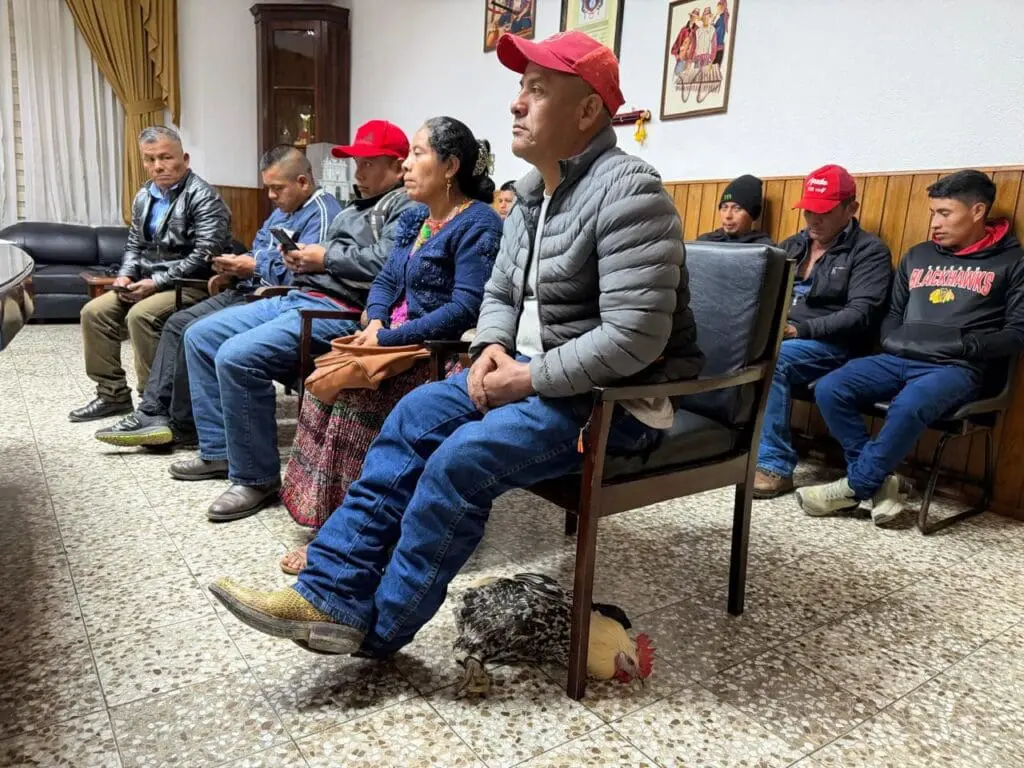 Los vecinos en ocasiones entregan regalos al alcalde, como este gallo a los pies de un cocode. Foto: Eduardo Sam.