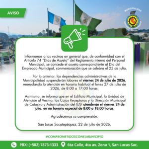 Al menos tres municipalidades adjudicaron Q265 mil 220 para la celebración del Día del Empleado Municipal 2026, que se festeja cada 25 de julio en Guatemala.