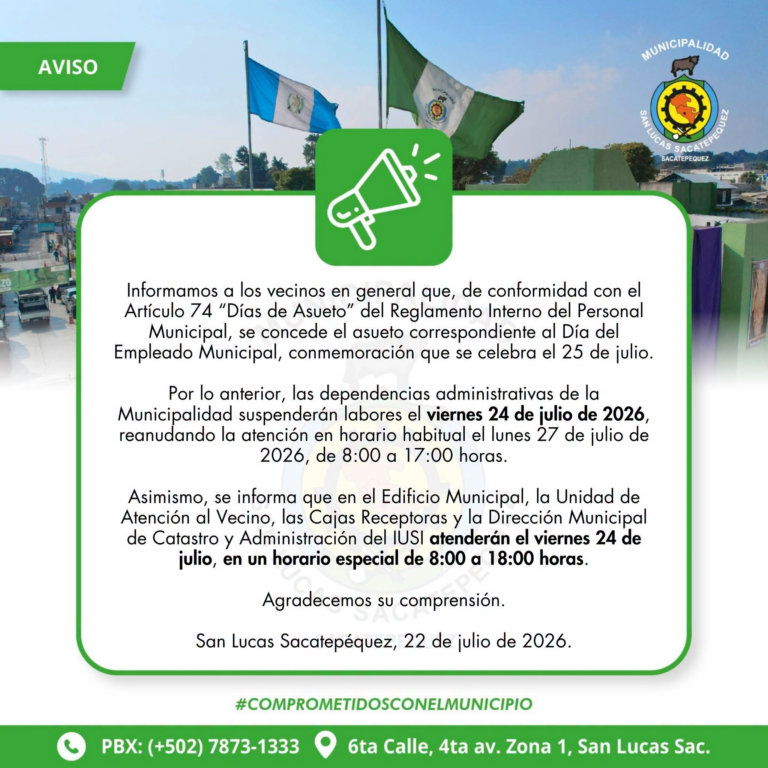 Al menos tres municipalidades adjudicaron Q265 mil 220 para la celebración del Día del Empleado Municipal 2026, que se festeja cada 25 de julio en Guatemala.