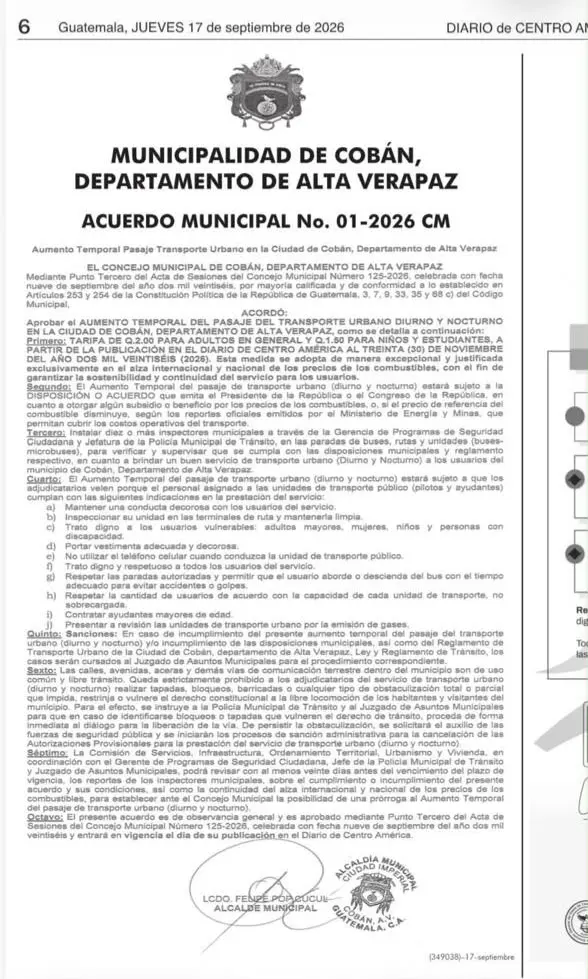 El acuerdo municipal se publico en el diario oficial del 17 de septiembre.