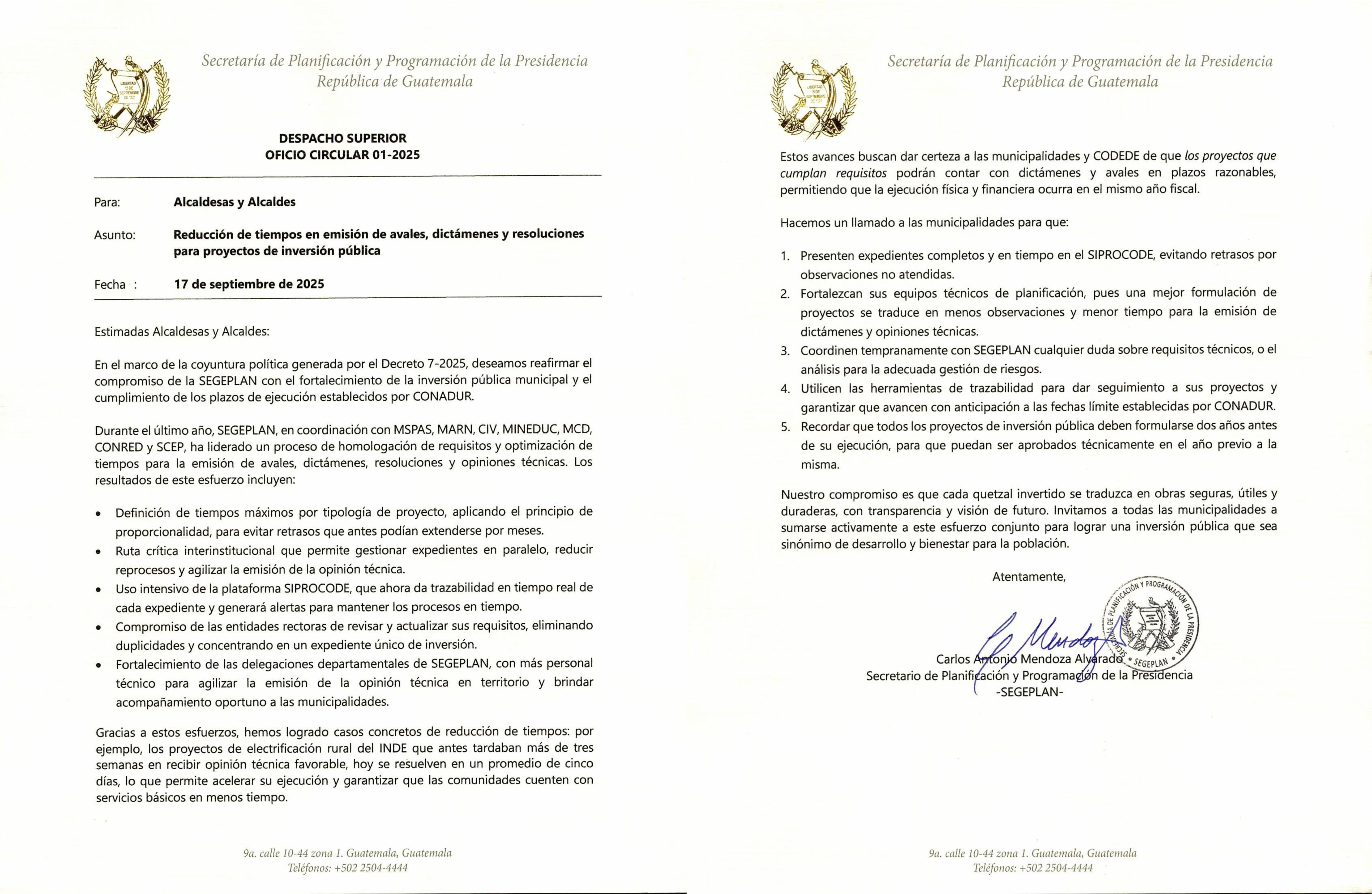 Segeplan solicitó a las municipalidades fortalecer sus capacidades técnicas para agilizar la emisión de opinión técnica. Esta es la carta que les envió a los alcaldes.