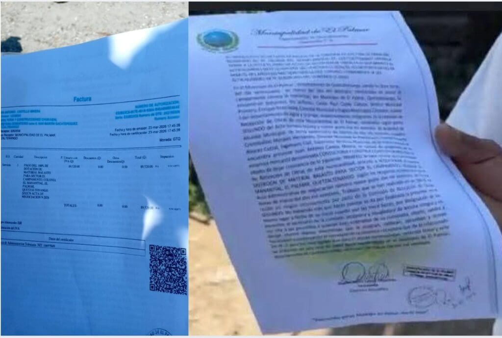 Vecinos de El Palmar, Quetzaltenango, documentan la compra de materiales del balastro que el alcalde no ha hecho en el camino a su comunidad. Foto: vecinos.