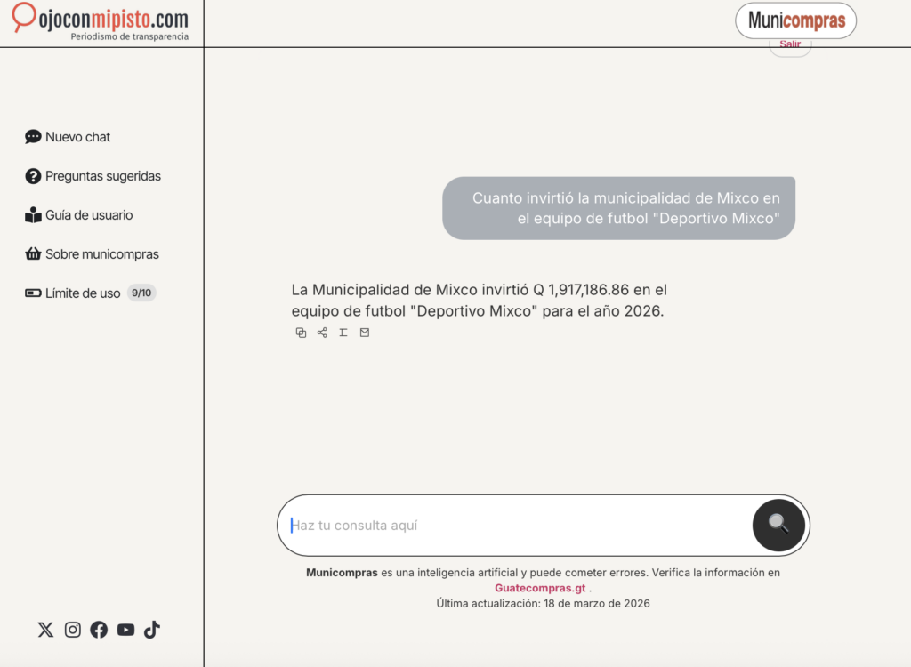 Municompras establece un límite de diez consultas diarias por usuario. El contador se reinicia de forma automática cada día a las 00:00 horas.