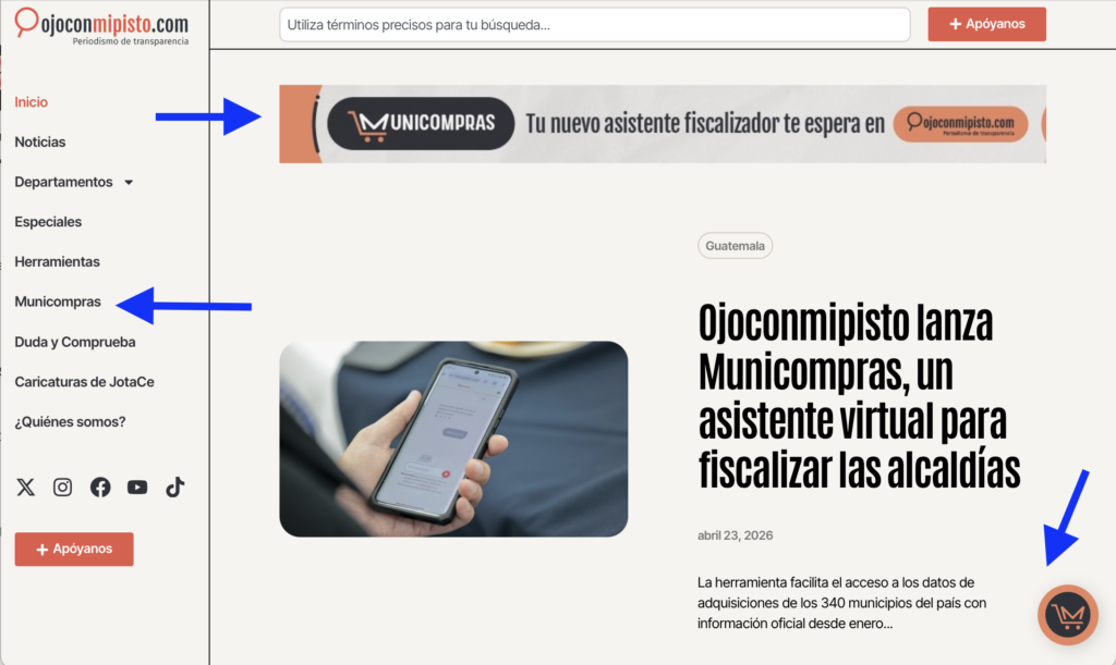 Navegar por Municompras es sencillo. Los usuarios deben ingresar al sitio de Ojoconmipisto, seleccionar el chatbot en el menú (a la derecha), marcar el logo flotante que aparece en la esquina inferior izquierda o el banner.