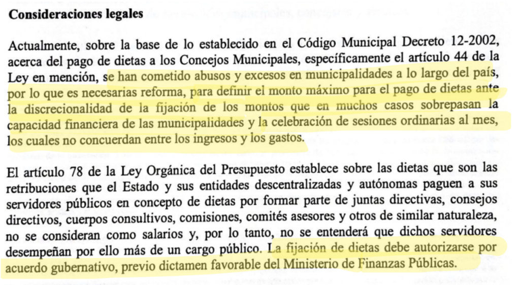 Captura de pantalla de la página 3 de la Iniciativa "Ley reguladora de las dietas municipales, reformas al Código Municipal, decreto 12-2002 del Congreso de la República’. 