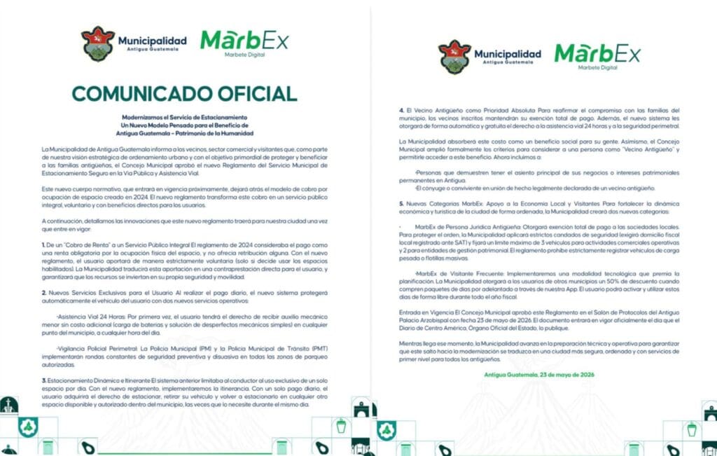Este es el comunicado que emitió la municipalidad de La Antigua Guatemala este sábado 23 de mayo (2026).