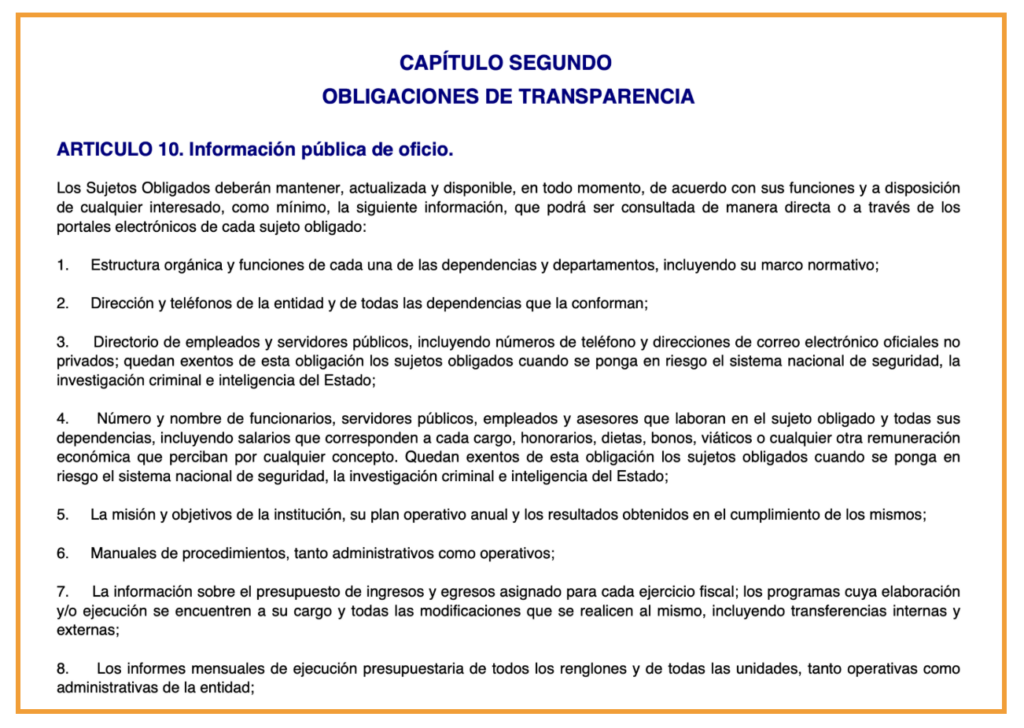 Artículo 10 de la Ley de Acceso a la Información Pública, que regula la publicación de información de oficio en los portales de transparencia de las instituciones públicas. Foto: LAIP. 