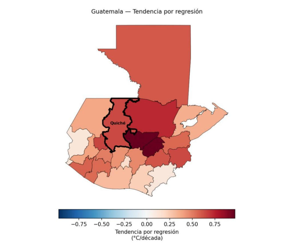 Variación de temperatura Media por departamento. Período 2000-2025. Fuente: Insivumeh.